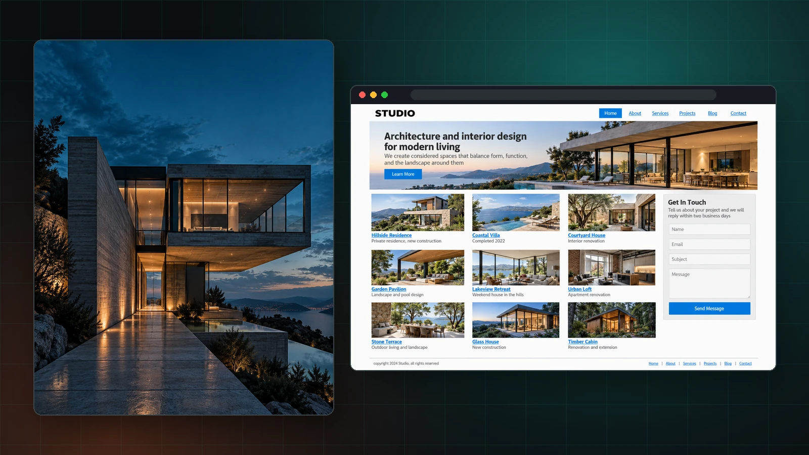 A strong building photograph beside a deliberately generic template website, stating the disconnect visually