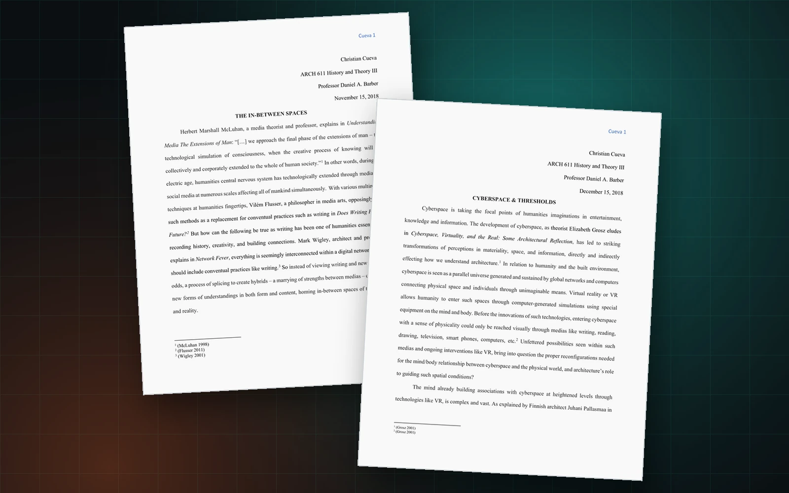 The two 2018 essays, The In-between Spaces and Cyberspace and Thresholds, their titles and dates legible