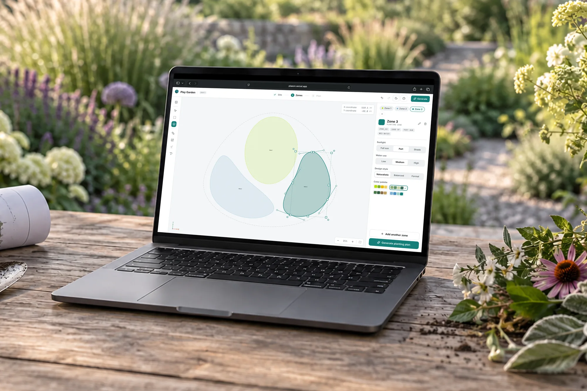 PLAEON's design canvas open on a laptop in a garden, marking planting zones across the site.