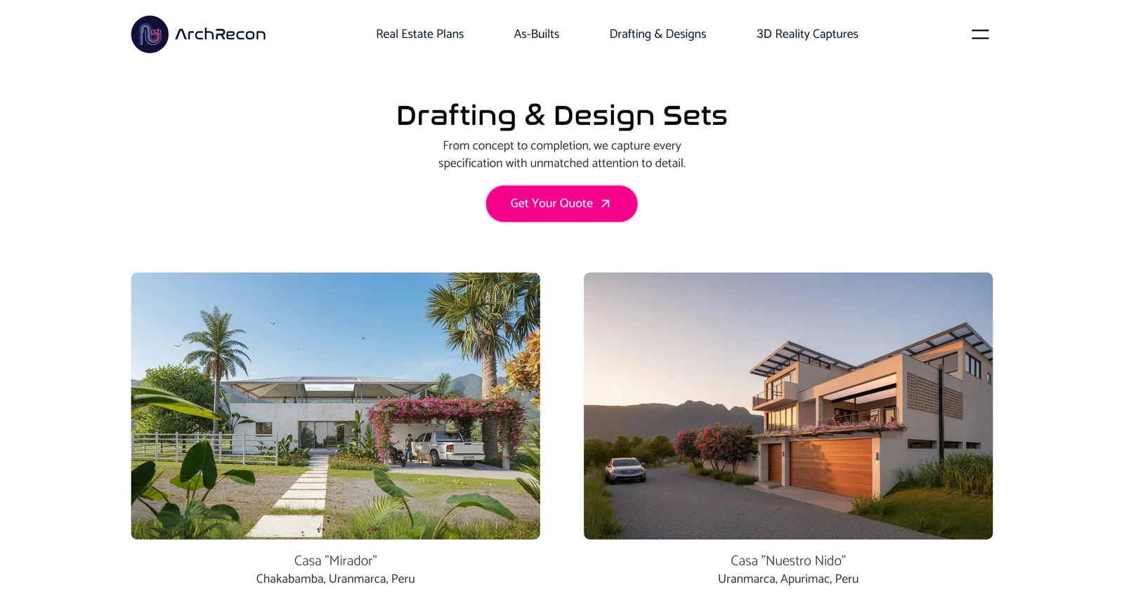 ArchRecon Studio, an architecture practice site Omni2 designed and built, showing its Drafting & Design Sets page with a grid of rendered project case studies.