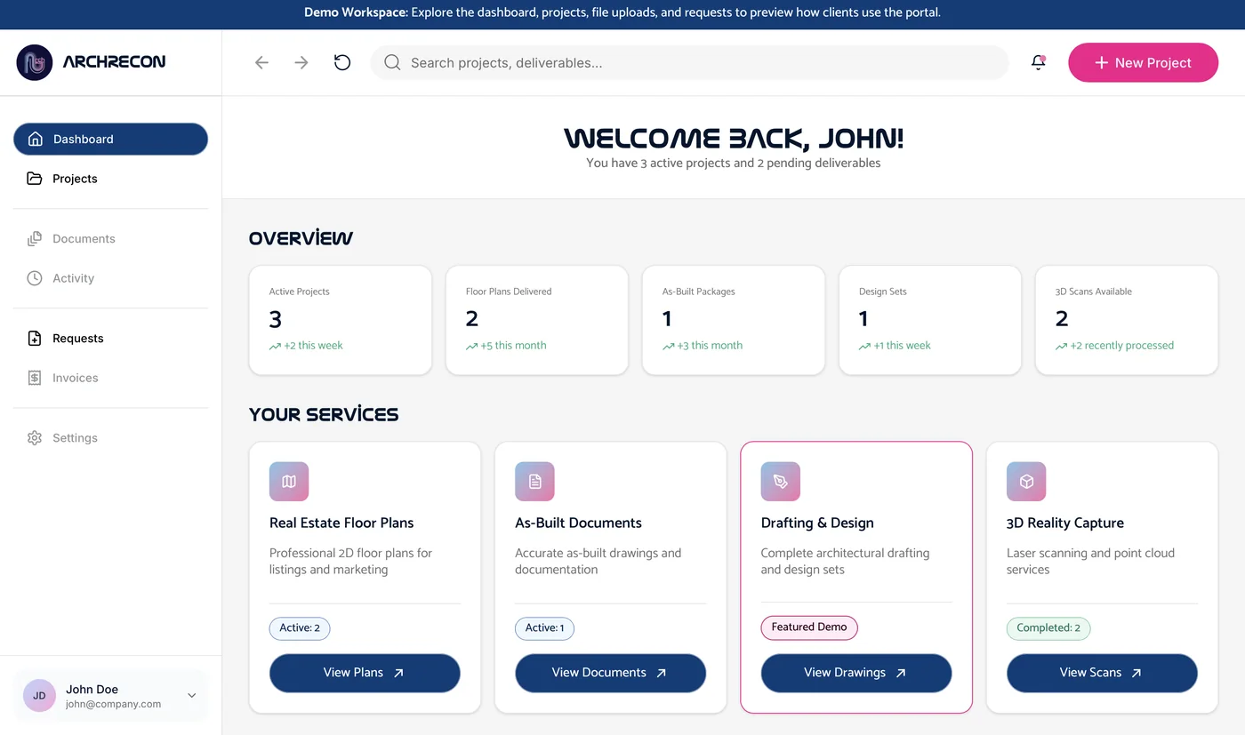 ArchRecon client portal dashboard — projects, deliverables and service overview
