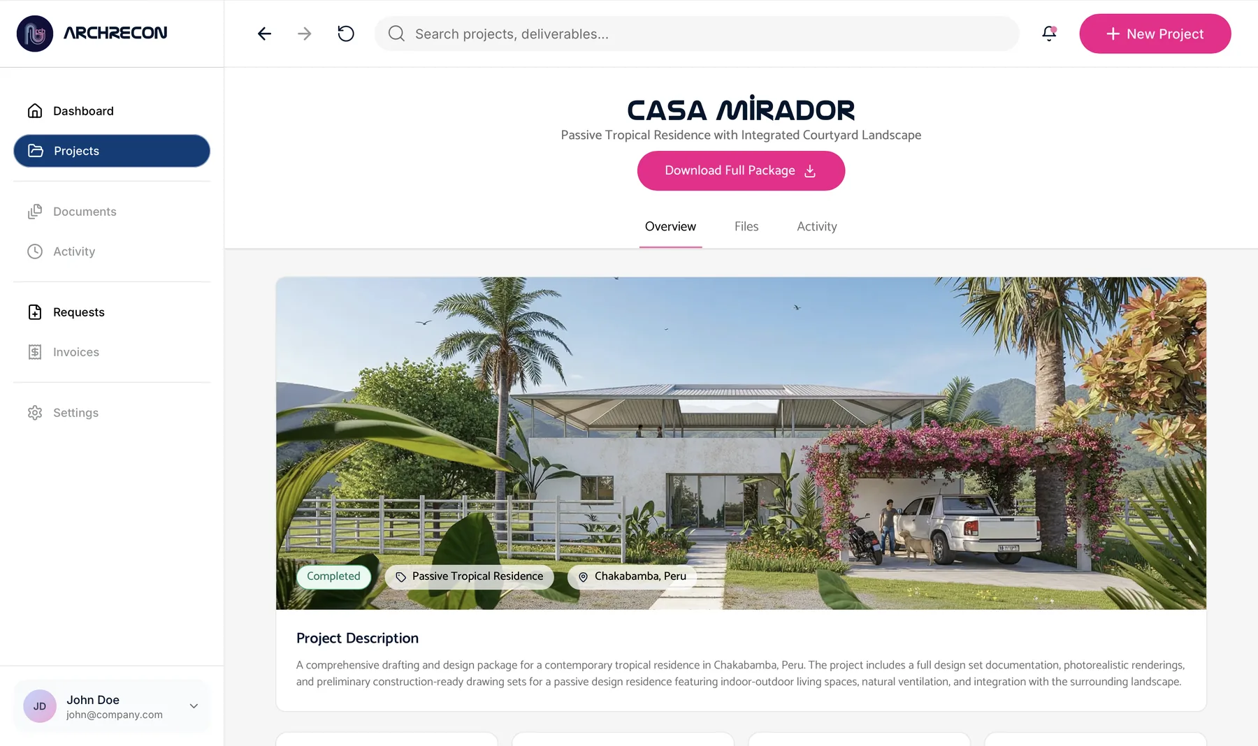 ArchRecon project page, Casa Mirador passive tropical residence with render, status and full download