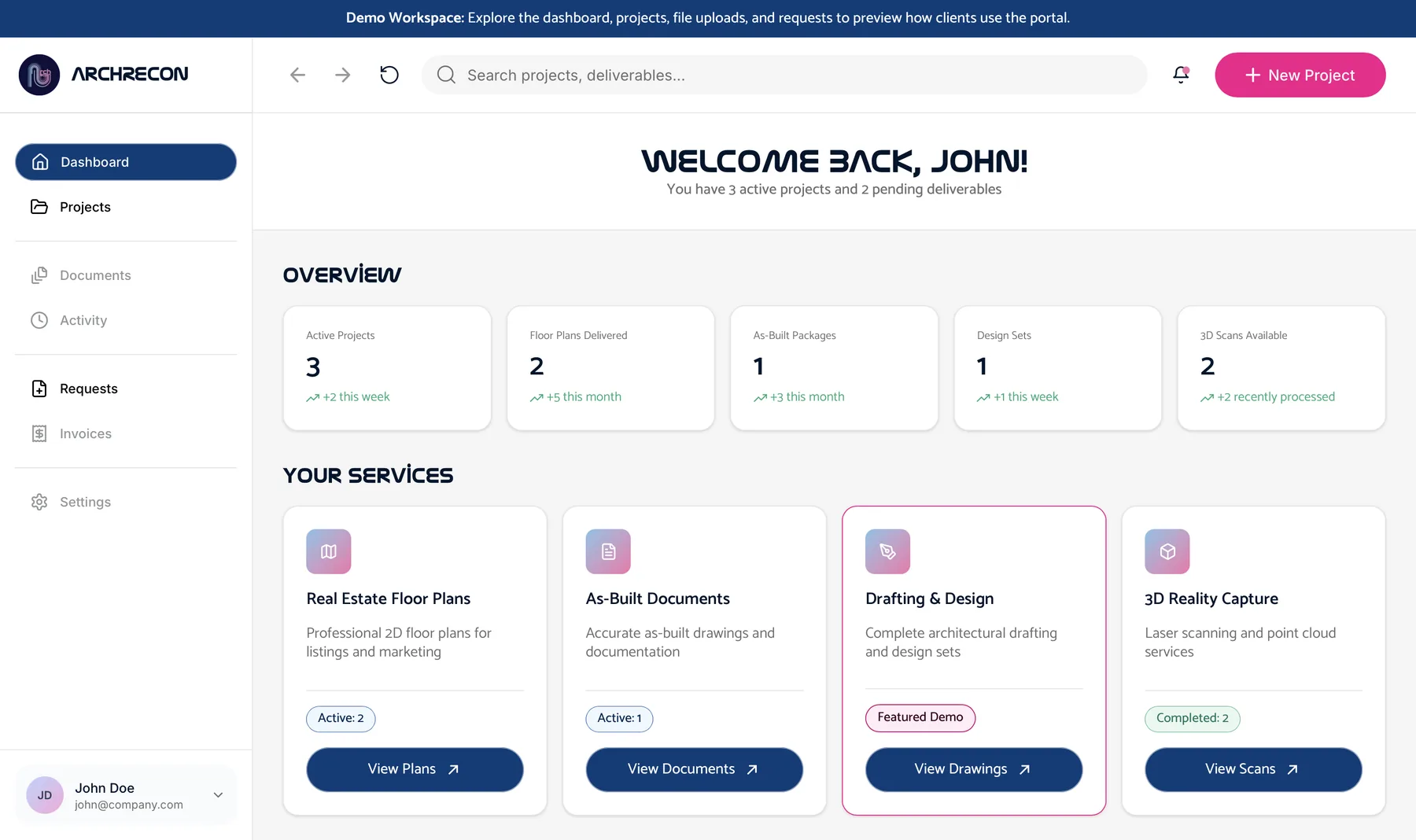 ArchRecon client portal dashboard with projects, deliverables, and services at a glance