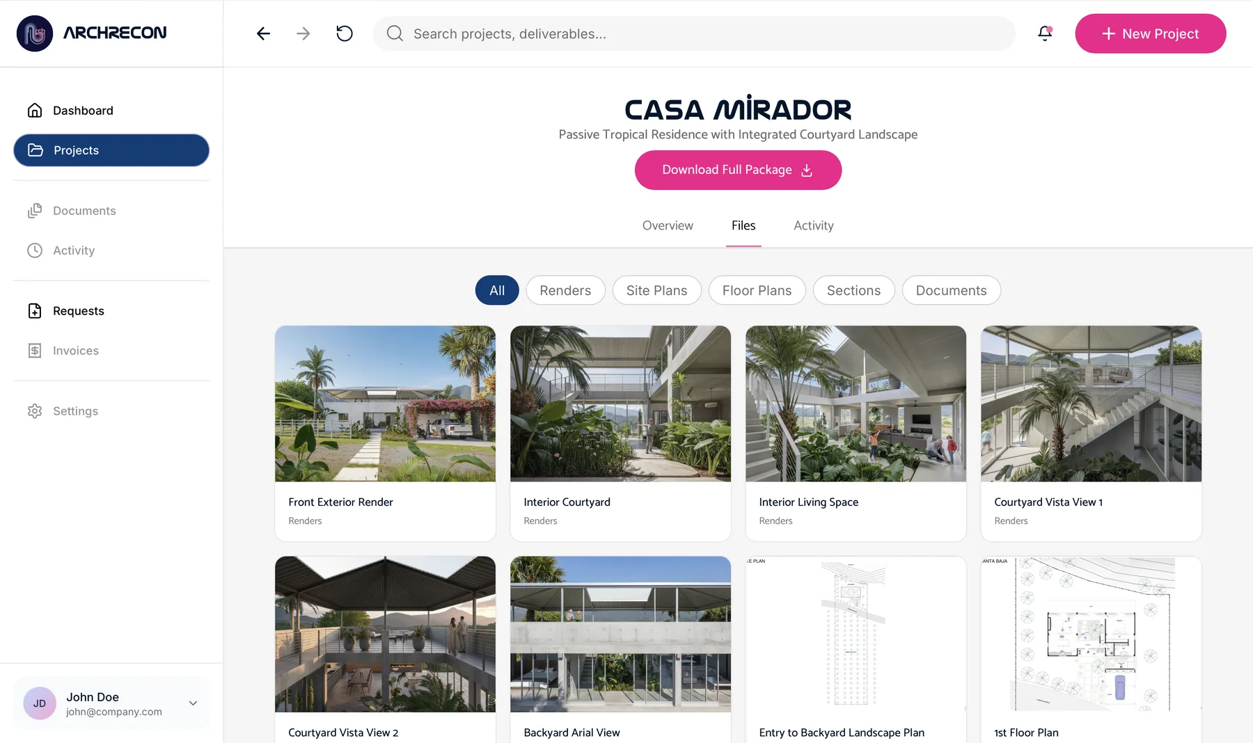 ArchRecon files view, versioned project files organized and downloadable