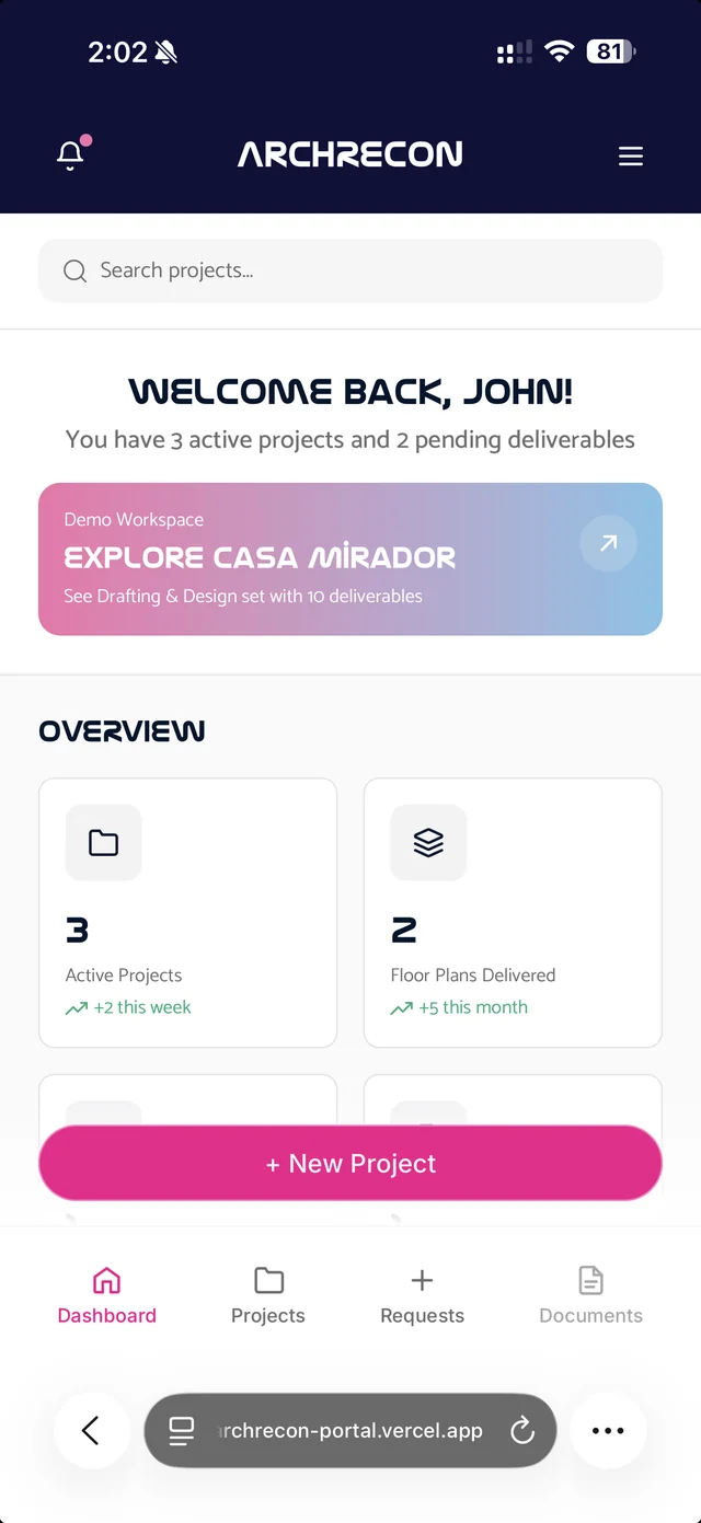 ArchRecon portal dashboard on mobile
