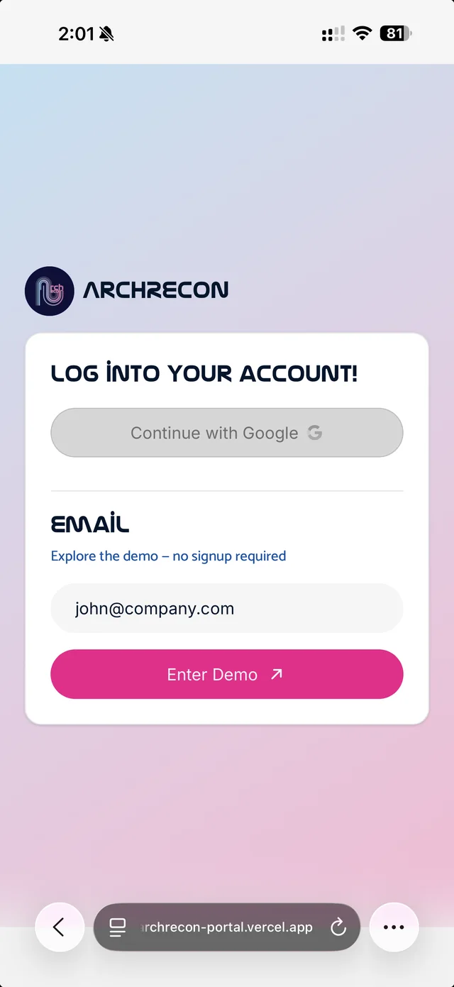 ArchRecon portal login on mobile