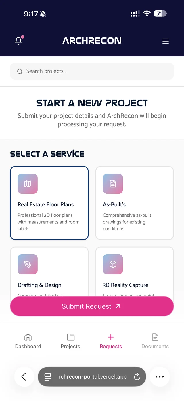 ArchRecon portal, submitting a new project request on mobile