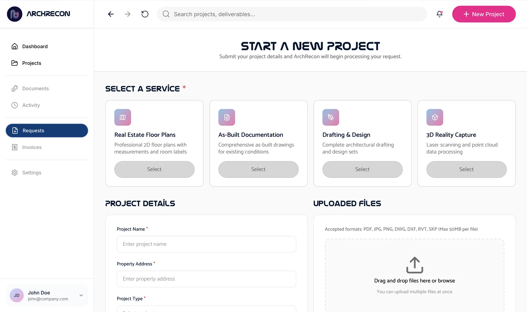 ArchRecon new project request flow where clients scope new work self-serve