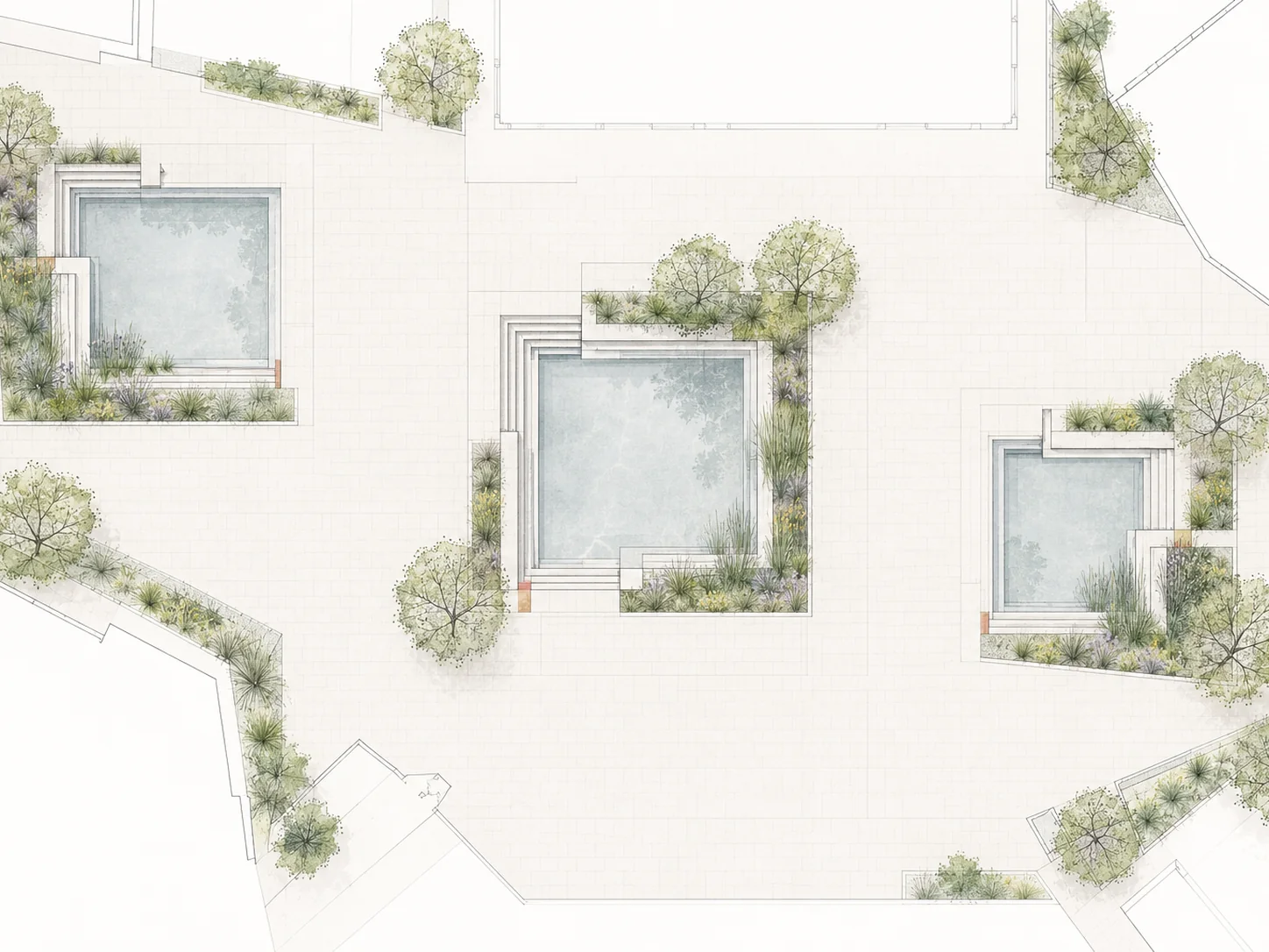 A landscape planting plan with a magnifier loupe enlarging the detail so the drawing stays readable.