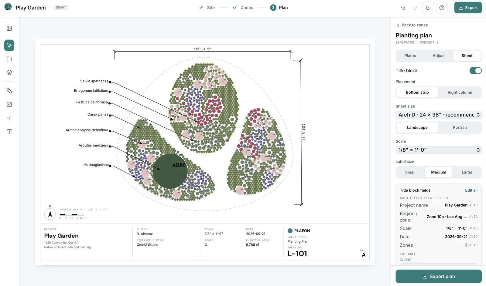 PLAEON — construction documentation sheet (L-101 planting plan)