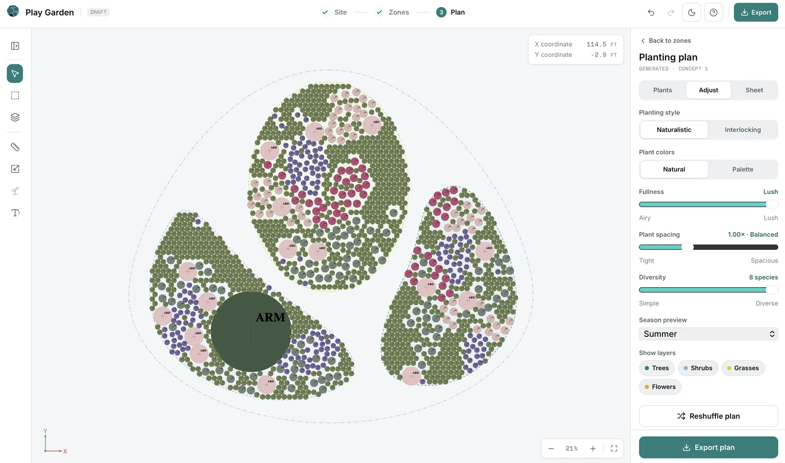 PLAEON — a generative planting plan with species zones and design controls