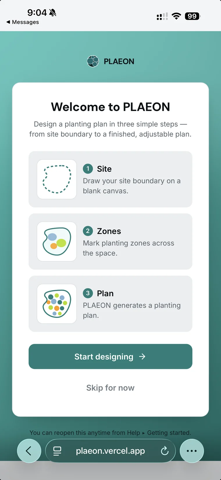 PLAEON on mobile — design a planting plan in three steps