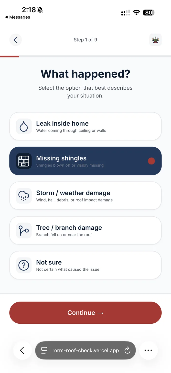 Storm Roof Check intake, describing what happened to the roof