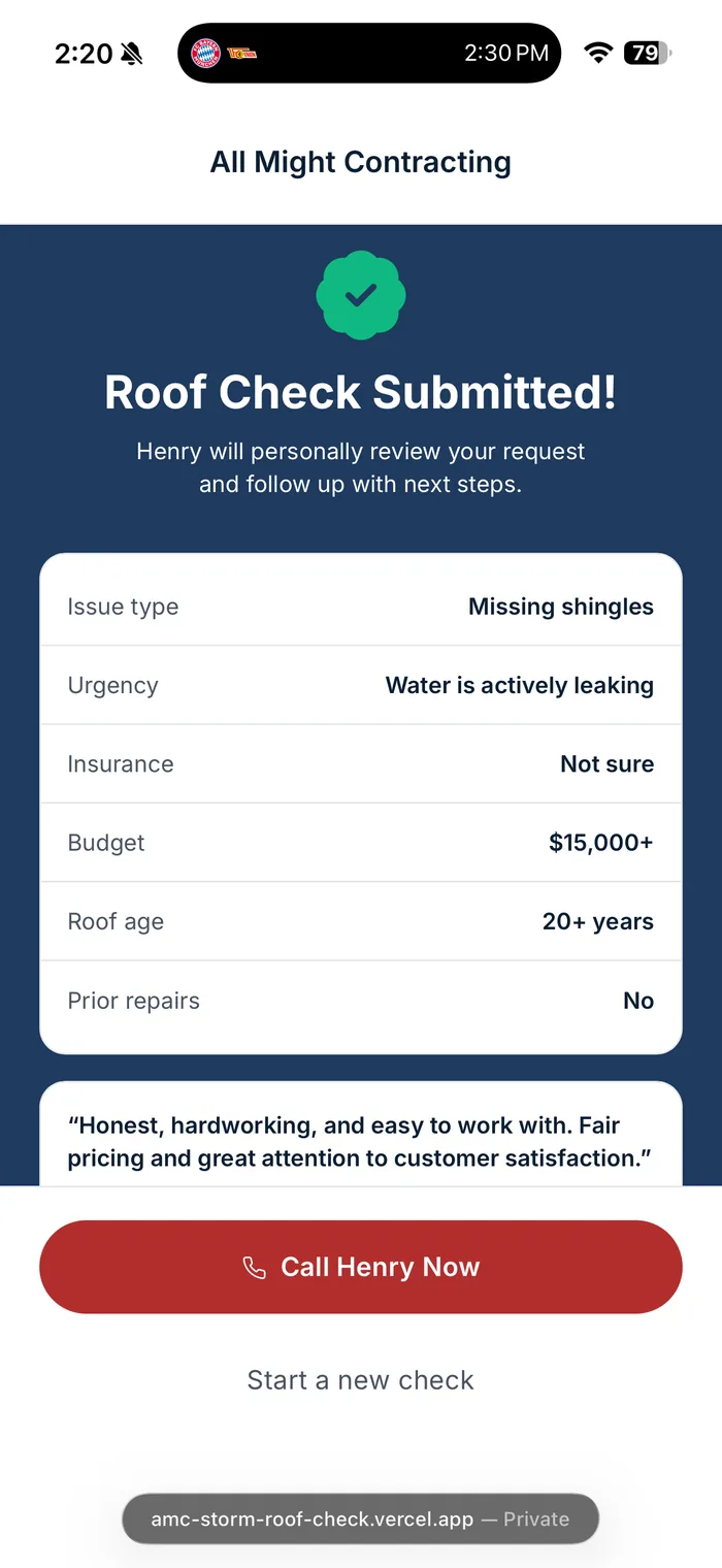 Storm Roof Check, roof check submitted with a structured lead summary
