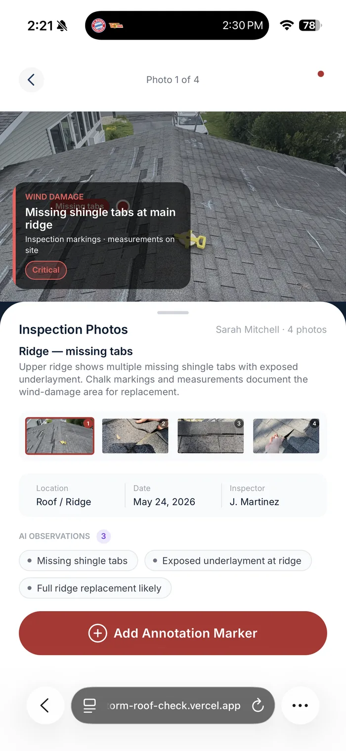 Storm Roof Check, annotated roof inspection photos marking damage