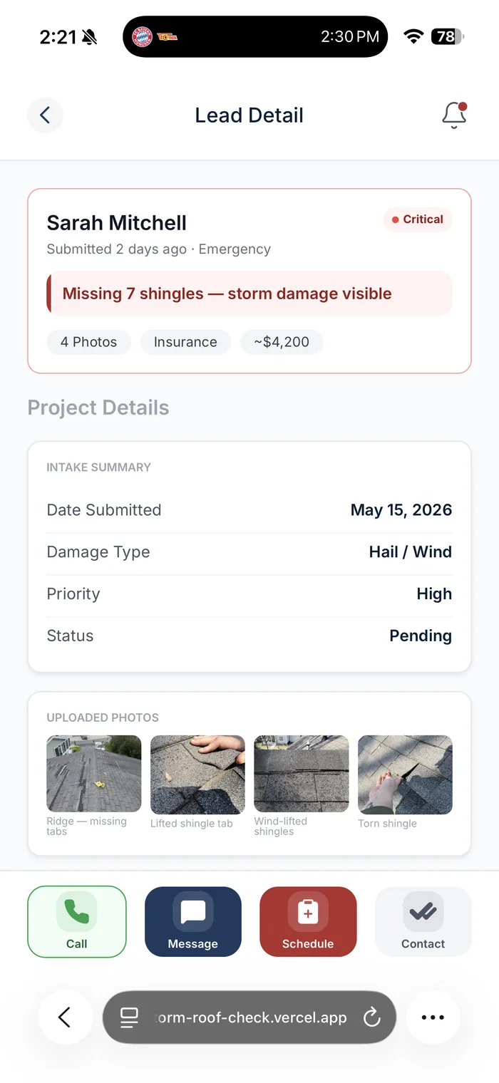 Storm Roof Check contractor portal, full lead detail with photos and quick actions