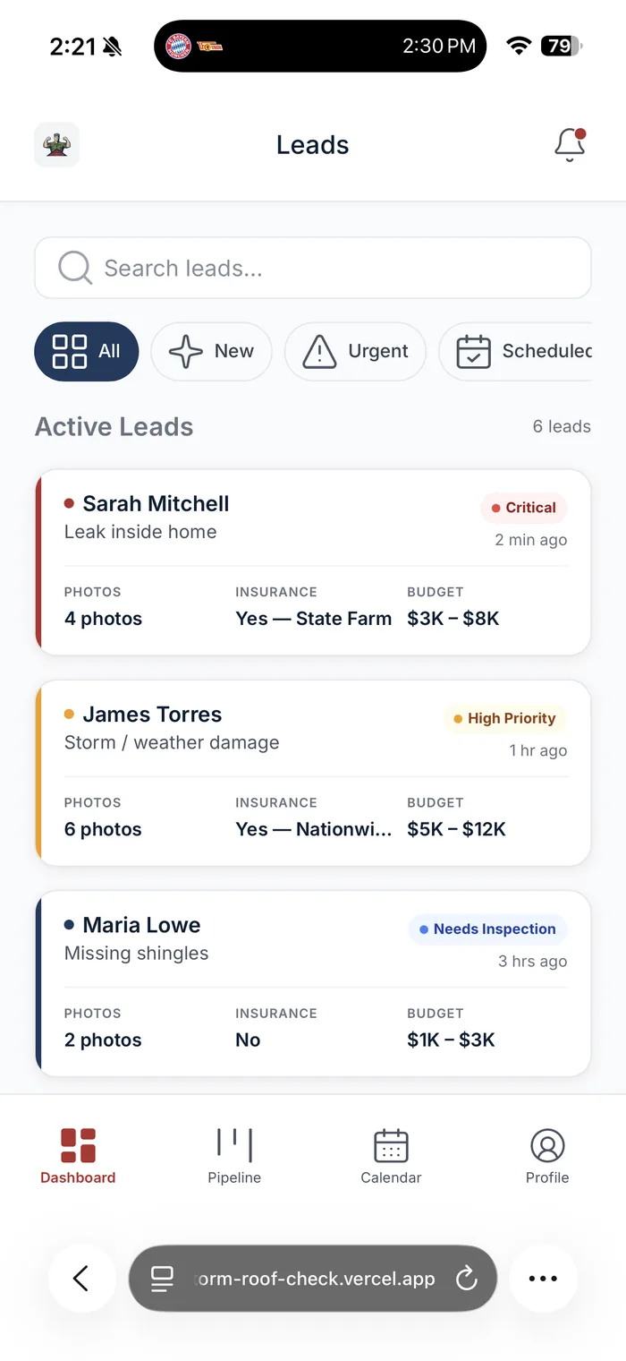 Storm Roof Check contractor portal, leads sorted by urgency